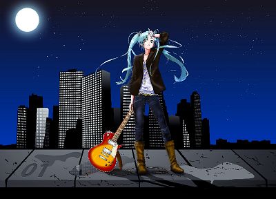 Vocaloid, Hatsune Miku, Moon, guitars, aqua eyes, aqua hair - random desktop wallpaper