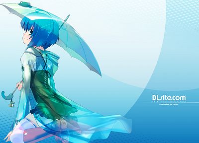 blue, blue hair, umbrellas, Dlsite, Elle Sweet - random desktop wallpaper