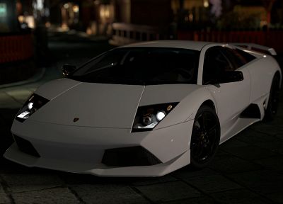cityscapes, night, white, cars, Lamborghini, vehicles - random desktop wallpaper