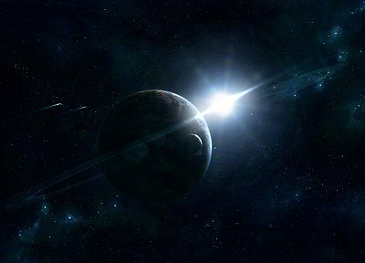 outer space, stars, planets, rings, spaceships - desktop wallpaper