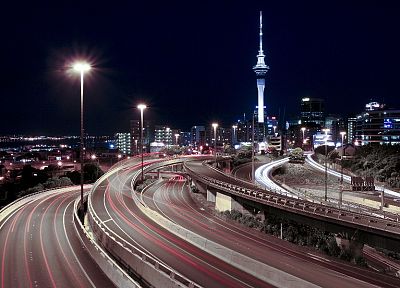 night, lights, tower, highways, downtown, roads, Auckland, long exposure, skyscapes - random desktop wallpaper