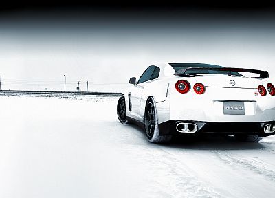 snow, cars, Nissan, back view, white cars, Nissan Skyline GT-R, Nissan GT-R R35 - desktop wallpaper
