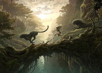 nature, forests, CGI, fantasy art, lions, Kerem Beyit - related desktop wallpaper