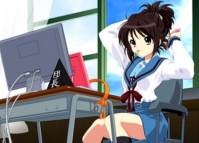 brunettes, computers, school uniforms, schoolgirls, technology, The Melancholy of Haruhi Suzumiya, anime, anime girls, sailor uniforms, Suzumiya Haruhi, knee socks - random desktop wallpaper