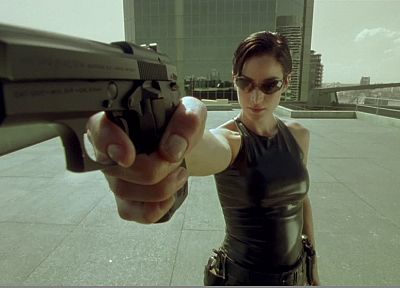 Matrix, Trinity, screenshots, rooftops, Carrie-Anne Moss, handguns - related desktop wallpaper