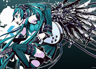 wings, Vocaloid, Hatsune Miku, thigh highs, instruments, guitars, open mouth, detached sleeves - related desktop wallpaper