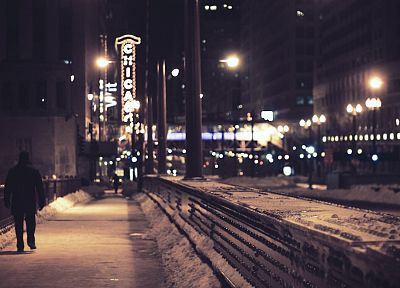 snow, streets, Chicago, walk, street lights - random desktop wallpaper
