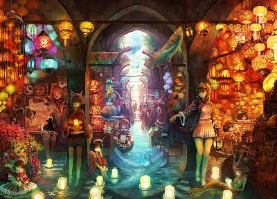 water, maids, ass, animal ears, bonsai, anime, candles, anime girls, shop, Pixiv Fantasia, chinese lantern, original characters - related desktop wallpaper