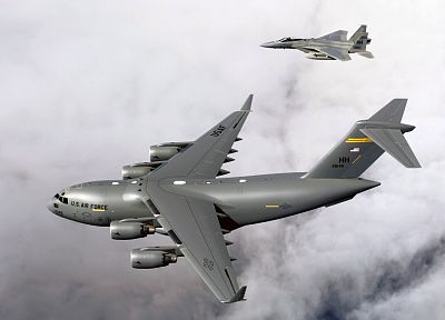 clouds, aircraft, war, military, airplanes, F-15 Eagle, C-17 Globemaster - random desktop wallpaper