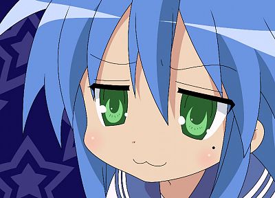 Lucky Star, school uniforms, blue hair, green eyes, Izumi Konata, faces, sailor uniforms - duplicate desktop wallpaper