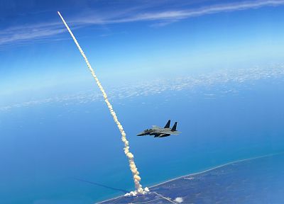 Space Shuttle, F-15 Eagle, Space Shuttle Atlantis, shuttle, skyscapes, Cape Canaveral - related desktop wallpaper