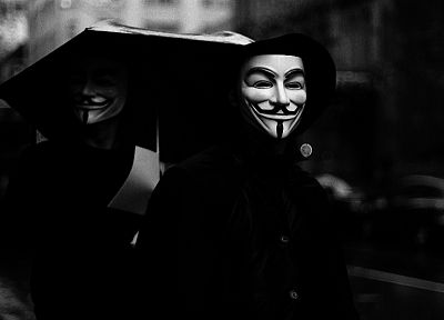 Anonymous, grayscale, Guy Fawkes, V for Vendetta, umbrellas - desktop wallpaper