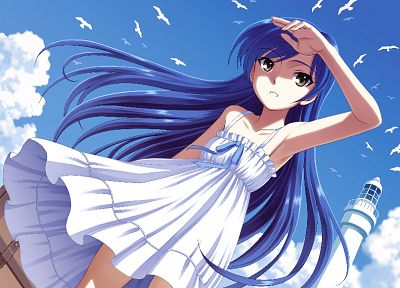 Kisaragi Chihaya, brown eyes, blue hair, lighthouses, seagulls, anime girls, Idolmaster - random desktop wallpaper
