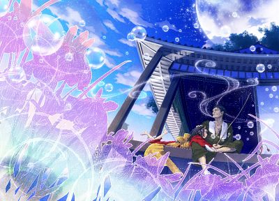 brunettes, clouds, flowers, blue eyes, Moon, kimono, dreamscape, anime - related desktop wallpaper