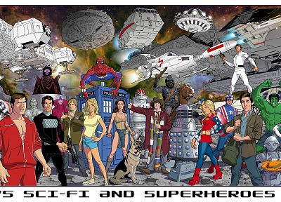 American, Hulk (comic character), Spider-Man, men, heroes, Battlestar Galactica, dollar bills, Doctor Who, Logan's Run, Wonder Woman - desktop wallpaper