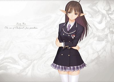 brunettes, video games, Tony Taka, school uniforms, tie, skirts, long hair, brown eyes, jackets, thigh highs, elves, anime, Shining Wind, simple background, pointy ears, Xecty Ein, Shining series - related desktop wallpaper