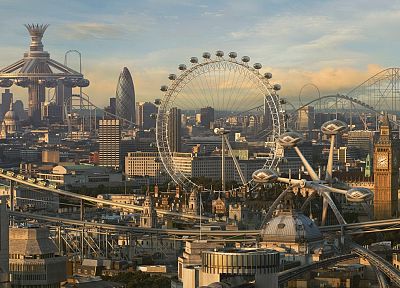 cityscapes, fake, CGI, London, London Eye, Big Ben, future cities, photo manipulations, Roller coaster - random desktop wallpaper
