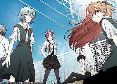 school uniforms, Ayanami Rei, Neon Genesis Evangelion, Ikari Shinji, Kaworu Nagisa, Asuka Langley Soryu - random desktop wallpaper