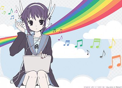 school uniforms, Nagato Yuki, The Melancholy of Haruhi Suzumiya, laptops, purple hair, anime girls - random desktop wallpaper