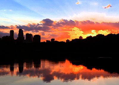 water, sunset, clouds, silhouettes, reflections, cities, skies, Minneapolis - random desktop wallpaper