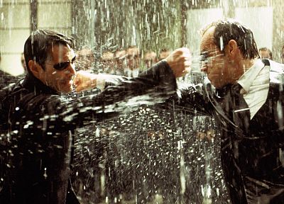 rain, Neo, Matrix, Agent Smith, The Matrix, screenshots, sunglasses, Keanu Reeves, Hugo Weaving - desktop wallpaper