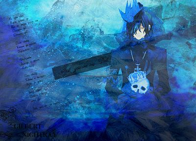 skulls, blue, lyrics, Pandora Hearts, crowns, anime, anime boys, Gilbert Nightray - related desktop wallpaper