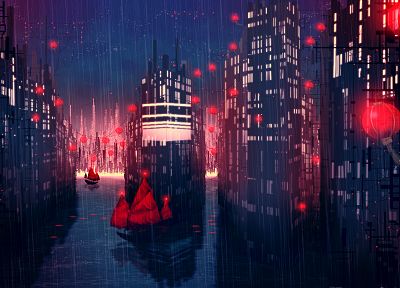 cityscapes, rain, ships, buildings, artwork - desktop wallpaper