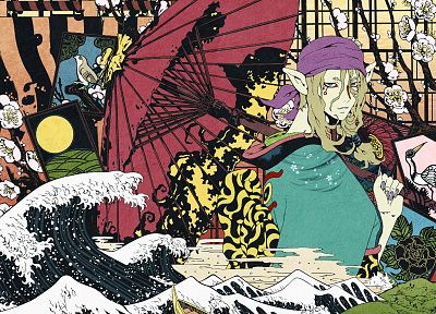 artwork, anime, umbrellas, roses, Mononoke, The Great Wave off Kanagawa - desktop wallpaper