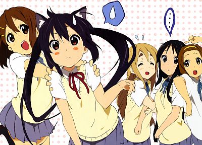 K-ON!, school uniforms, animal ears, Hirasawa Yui, Akiyama Mio, Tainaka Ritsu, Kotobuki Tsumugi, Nakano Azusa, Azu-nyan - random desktop wallpaper