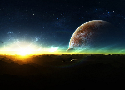 sunset, outer space, stars, planets, spaceships - random desktop wallpaper