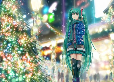 Vocaloid, lights, Hatsune Miku, skirts, Christmas, thigh highs, twintails, aqua eyes, aqua hair - random desktop wallpaper