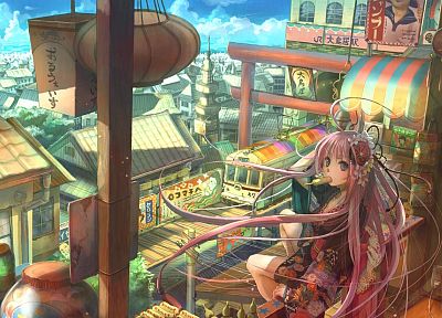 trains, pink hair, Fuji Choko, soft shading, anime girls, original characters - random desktop wallpaper