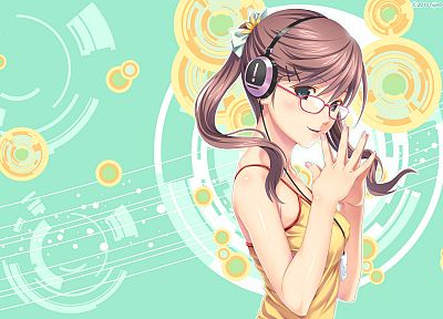 headphones, glasses, green eyes, meganekko, anime girls, Koutaro - random desktop wallpaper
