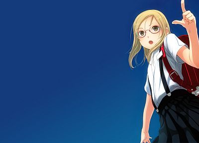 blondes, school uniforms, schoolgirls, skirts, glasses, meganekko, bags, simple background, anime girls - random desktop wallpaper