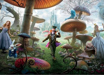 movies, Alice in Wonderland, Mad Hatter, Mia Wasikowska, Cheshire Cat, Alice Kingsleigh - random desktop wallpaper