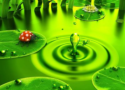 green, 3D view, DeviantART, digital art, water drops, ladybirds - random desktop wallpaper