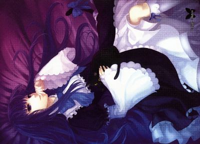 tails, Umineko no Naku Koro ni, long hair, Gothic, purple hair, bows, lying down, lolita fashion, Frederica Bernkastel, anime girls - desktop wallpaper