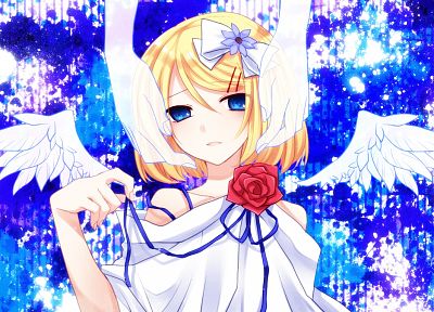 blondes, angels, blue, wings, Vocaloid, flowers, blue eyes, ribbons, Kagamine Rin, short hair, bows, spotted, roses - random desktop wallpaper