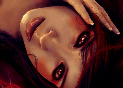 women, fantasy, paintings, redheads, red eyes, faces - desktop wallpaper