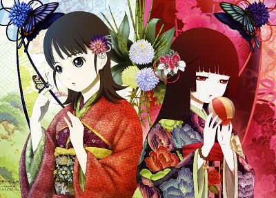 flowers, Jigoku Shoujo, kimono, red eyes, Enma Ai, Japanese clothes, black hair, butterflies - random desktop wallpaper