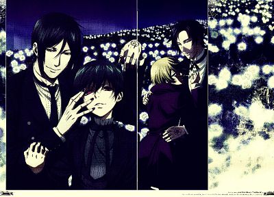 flowers, suit, Kuroshitsuji, Ciel Phantomhive, Sebastian Michaelis, Alois Trancy, anime, anime boys, Claude Faustus - desktop wallpaper