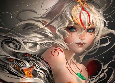 women, Okami, fantasy art, artwork, white hair, Amaterasu, Sakimichan - random desktop wallpaper