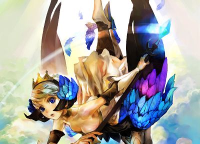 wings, blue eyes, feathers, Odin Sphere, artwork, Gwendolyn, anime girls - desktop wallpaper