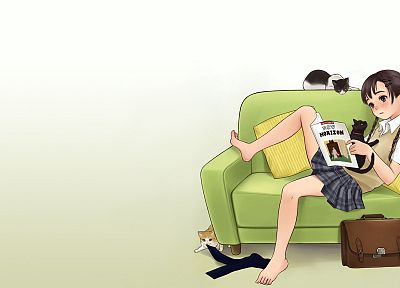 cats, school uniforms, skirts, simple background, anime girls - desktop wallpaper