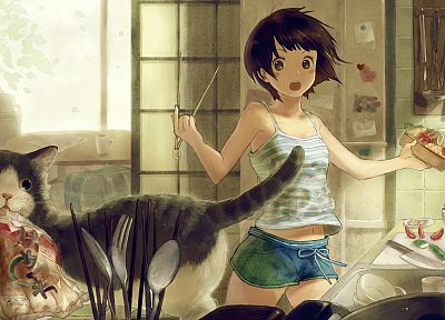 cats, cooking, soft shading, anime girls, original characters - related desktop wallpaper