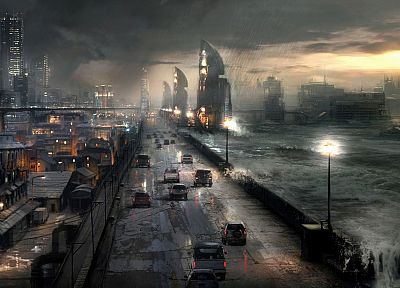 ruins, cityscapes, rain, waves, cars, roads, science fiction, flood, apocalyptic - related desktop wallpaper