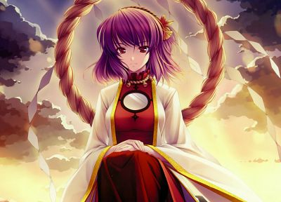 sunset, Touhou, Goddess, purple hair, red eyes, short hair, Yasaka Kanako, Sayori Neko Works, shimenawa, anime girls - random desktop wallpaper