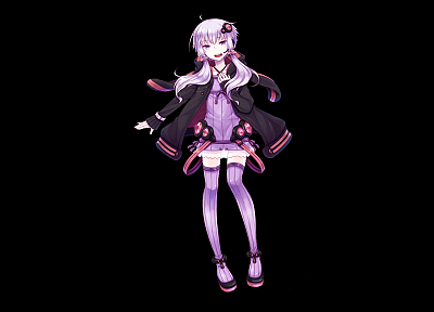 black, Vocaloid, dress, stockings, purple hair, twintails, purple eyes, simple background, anime girls, Yuzuki Yukari - desktop wallpaper