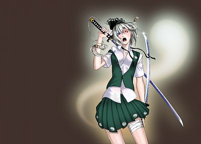 Touhou, katana, Konpaku Youmu, girls with swords, hair band, swords - desktop wallpaper
