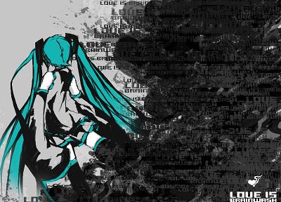 Vocaloid, back, stockings, Hatsune Miku, text, skirts, long hair, thigh highs, twintails, aqua hair, anime girls, detached sleeves, hair ornaments, black stockings, bare shoulders, wide sleeves - desktop wallpaper